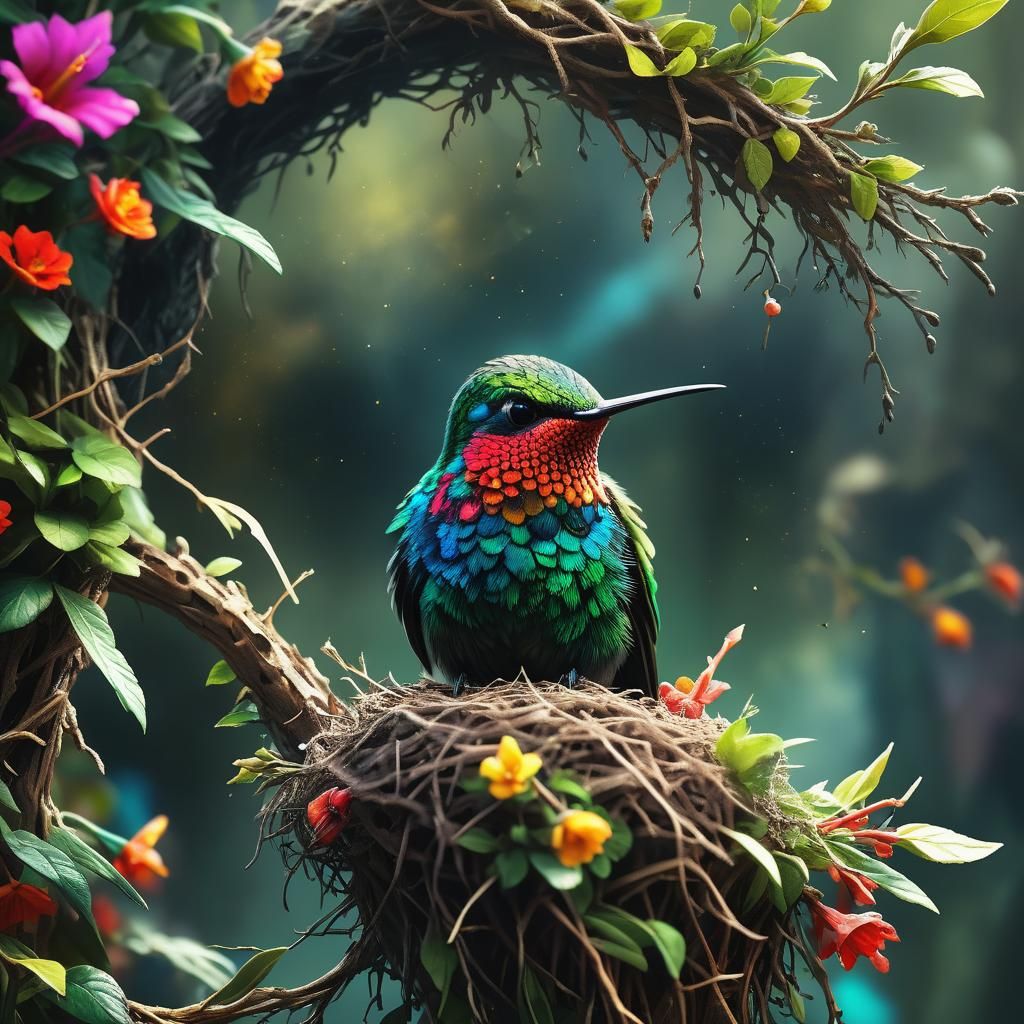 Hummingbird on Nest: Detailed Digital Matte Painting
