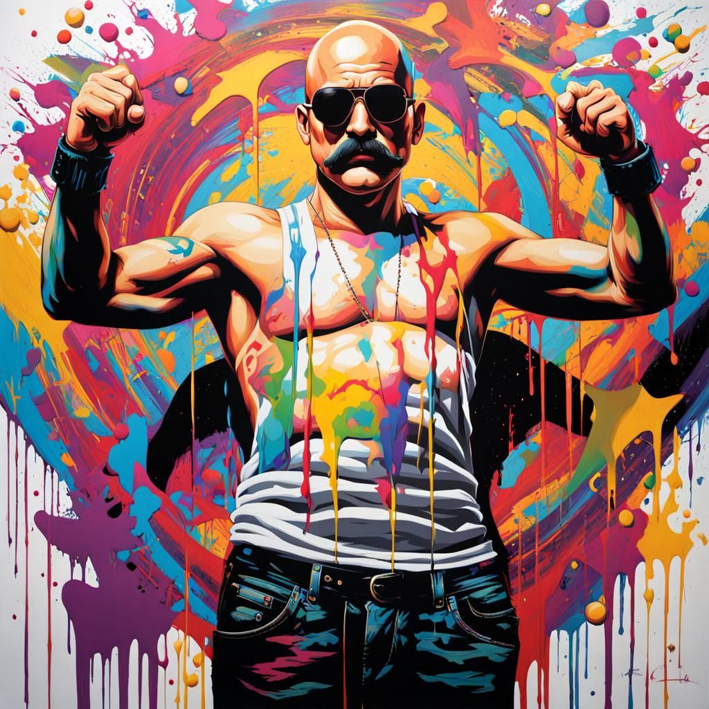 Colorful Graffiti Art of a Muscular Bald Man