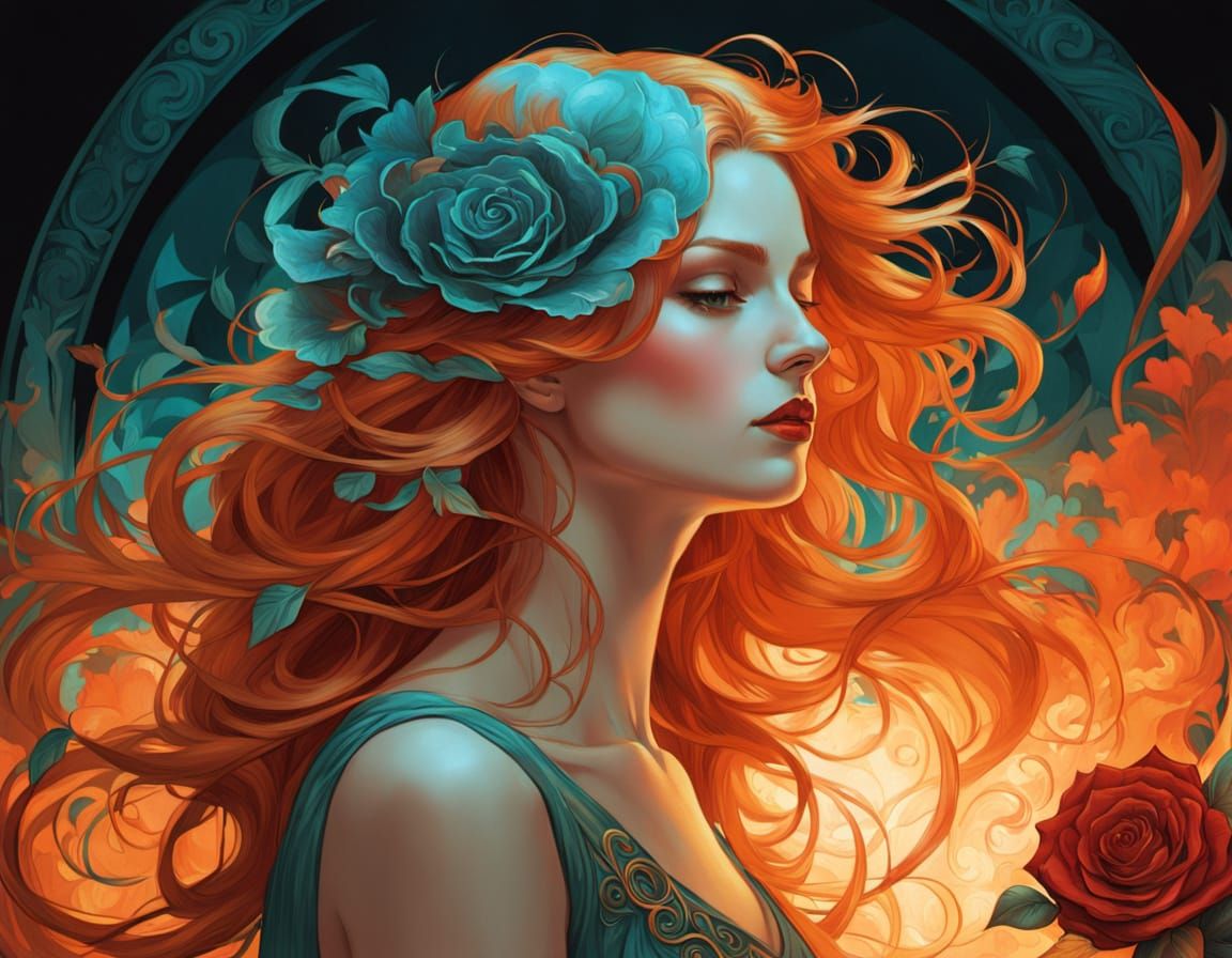 In an ethereal, hyper-detailed digital matte painting, a woman with flowing crimson hair stands against a swirling backd...