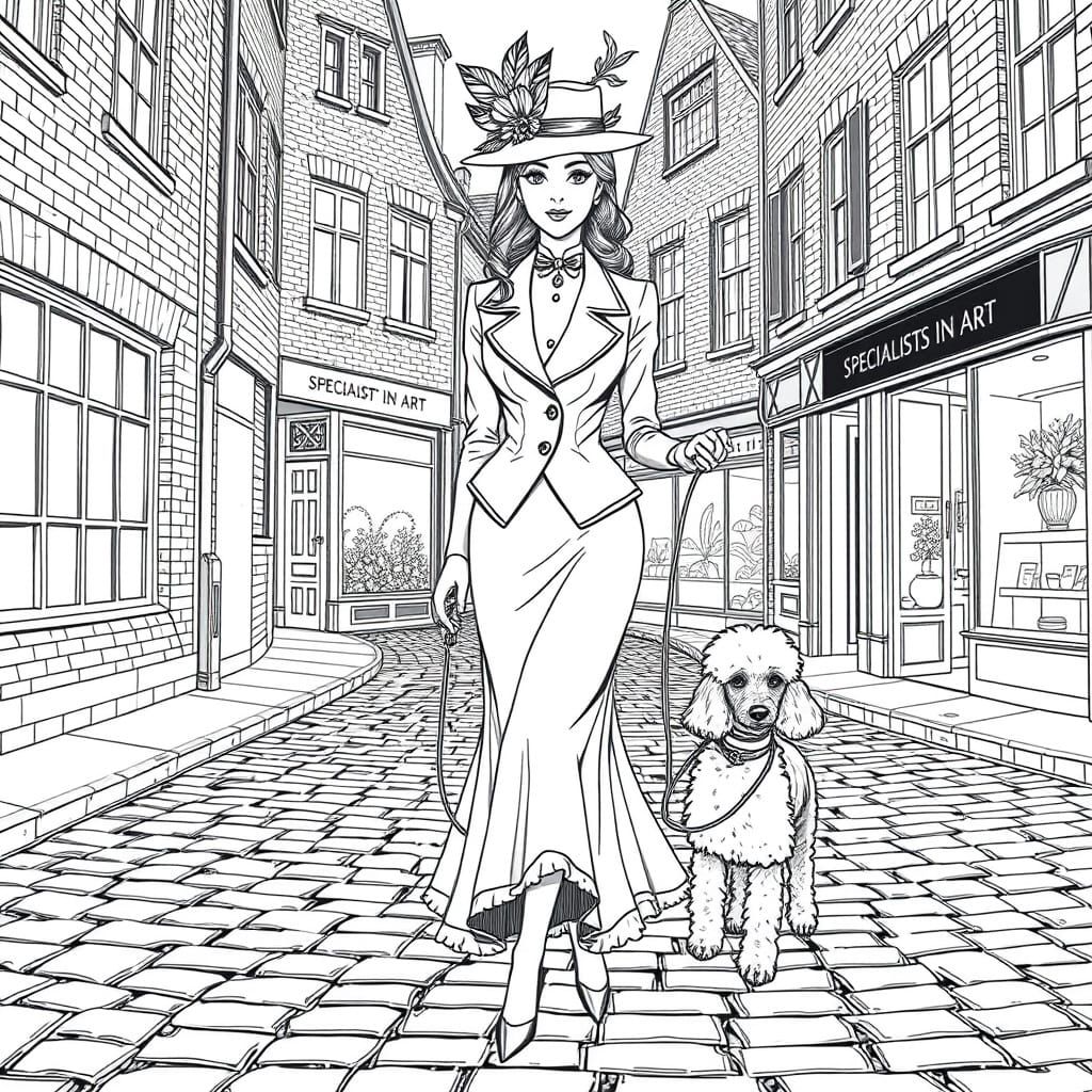Victorian Woman Walks Poodle in Detailed Line Art