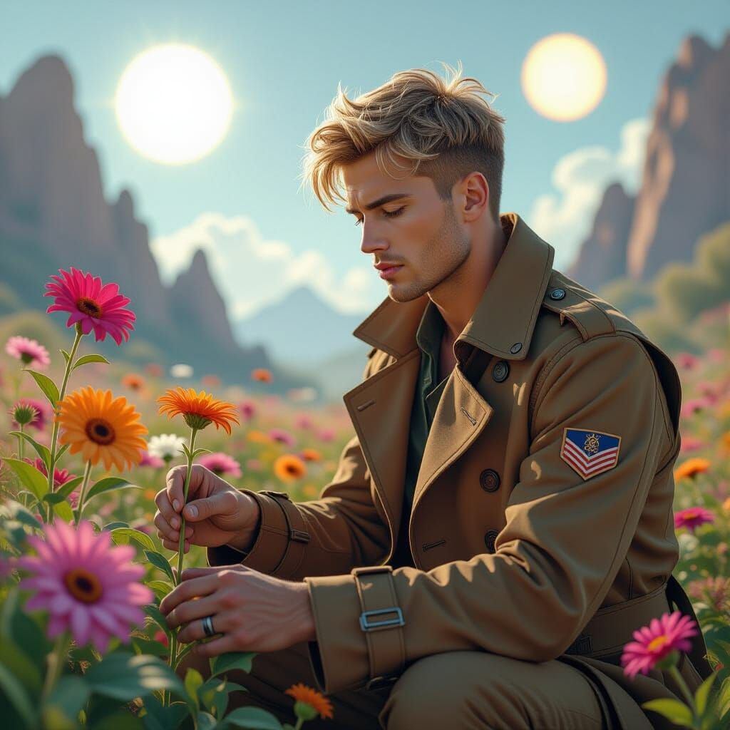 Weary Soldier Cultivates Alien Garden in Sci-Fi Style