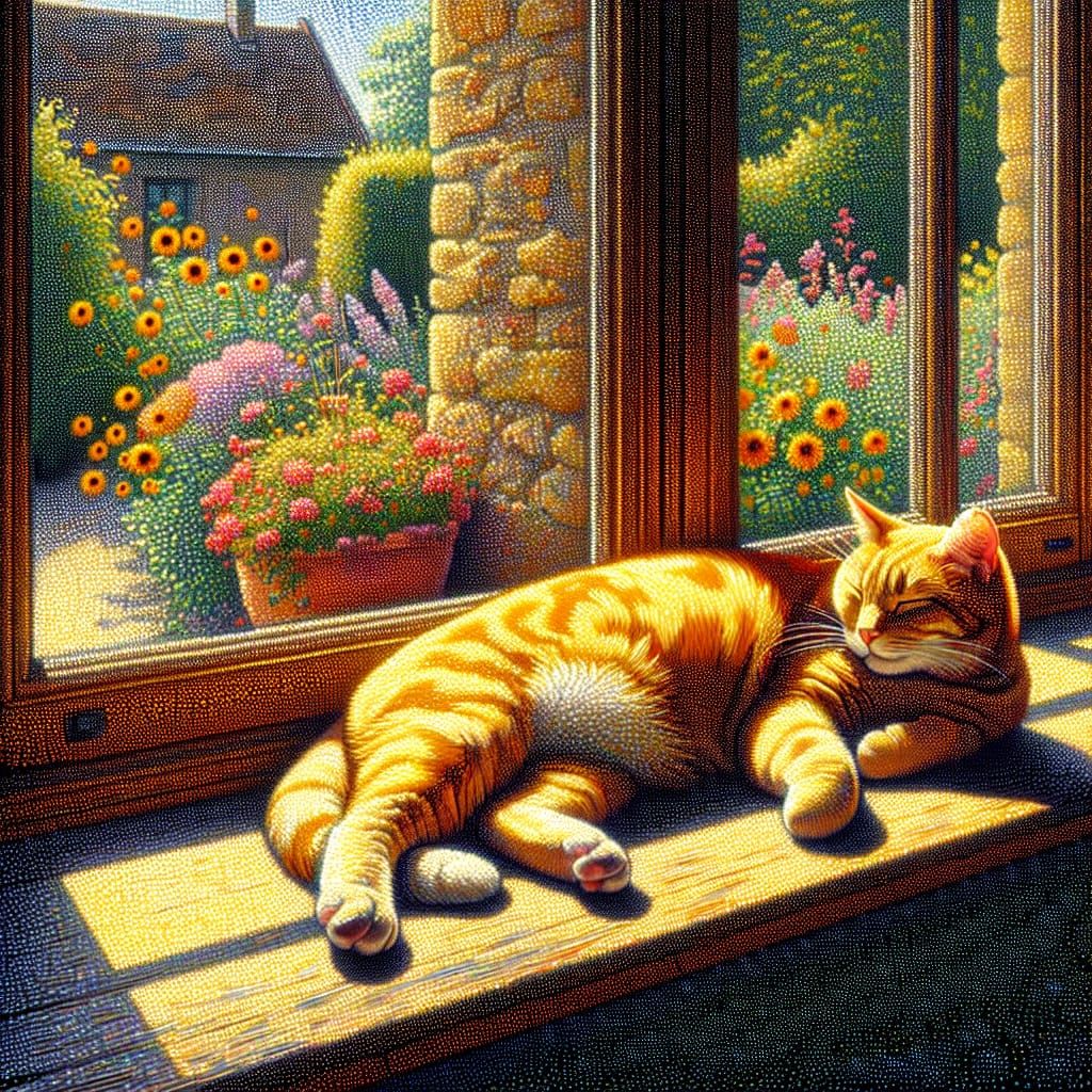 Pointillist Cat Lounging in a Sunlit Garden