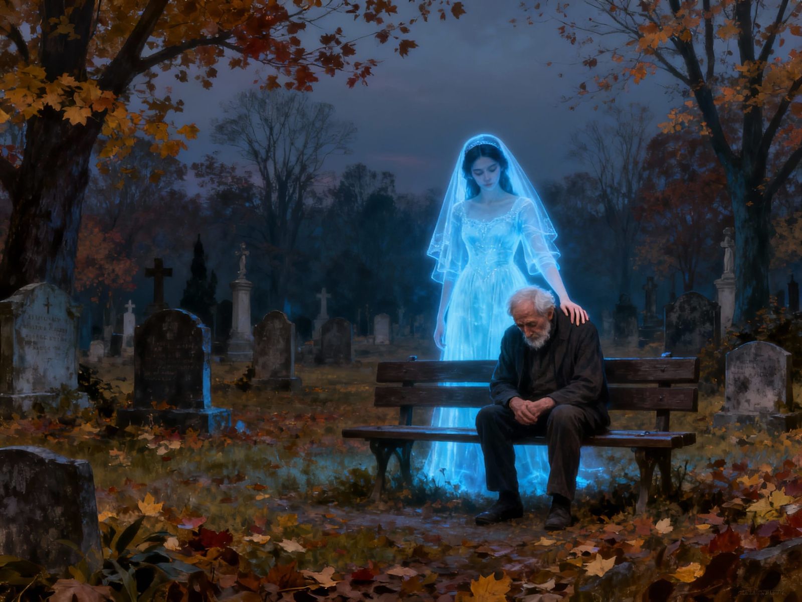 Ghostly Bride Comforts Grieving Man in Autumn Graveyard