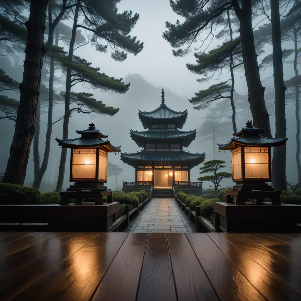 Floating Japanese Teahouse in Mountain Mist: Magical Realism