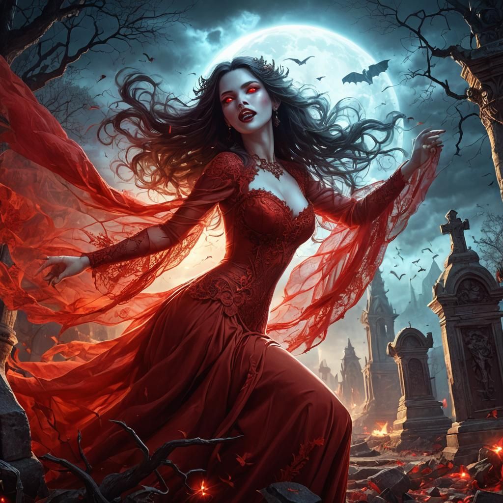 Vampire's Awakening: Gothic Graveyard Under Blood Moon