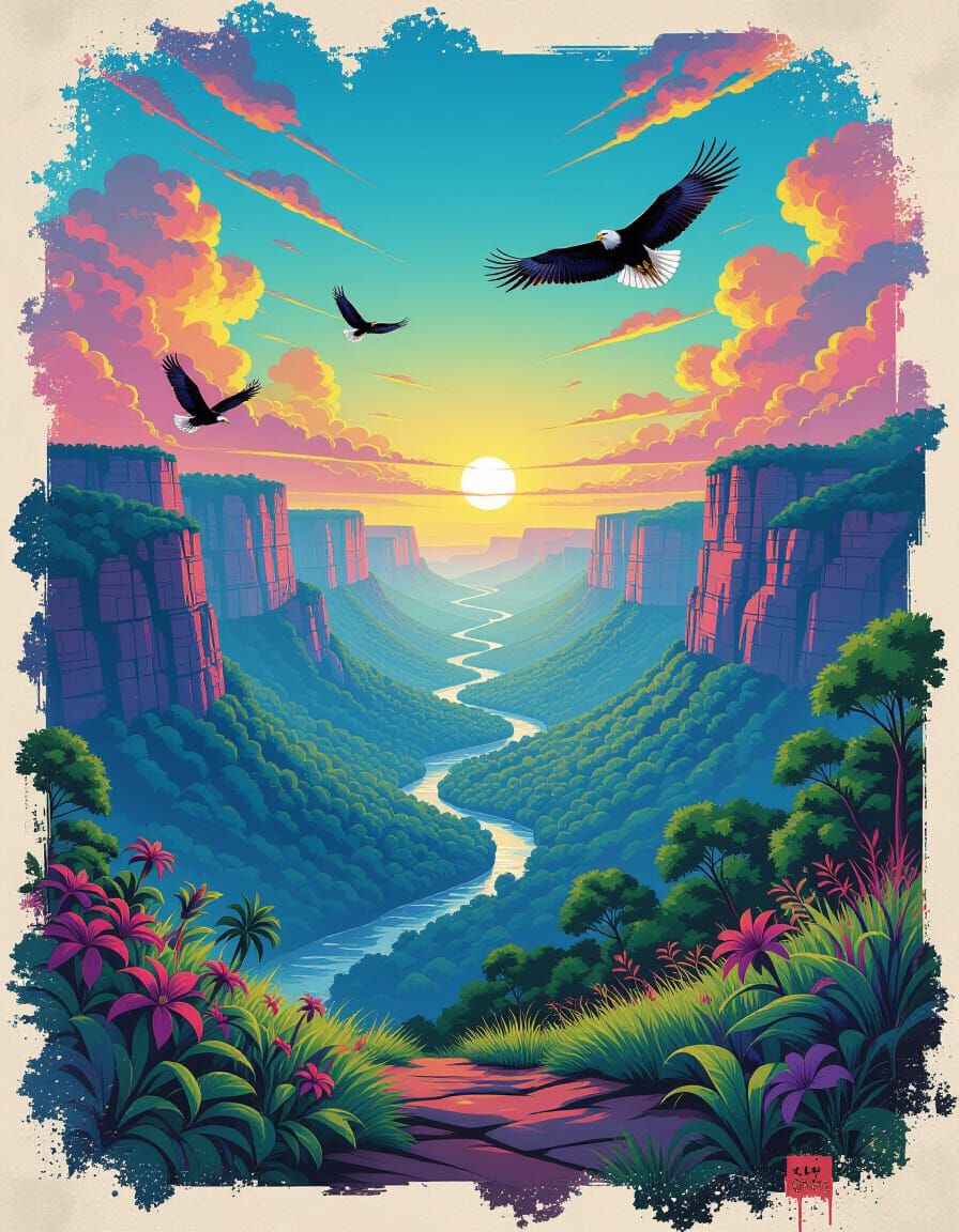 Vibrant Valley with Eagles in Polychromatic Style