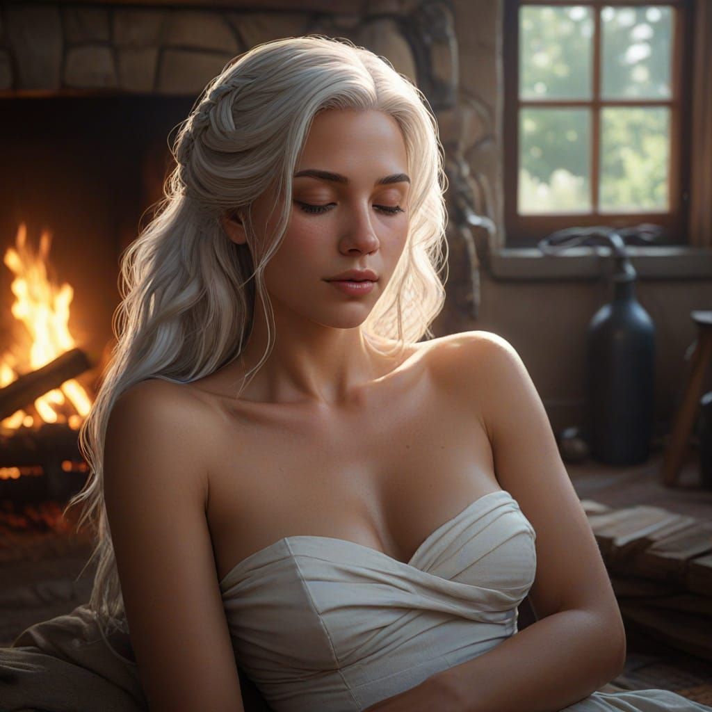 Muscular Woman Sleeps by Firelight, Fantasy Art