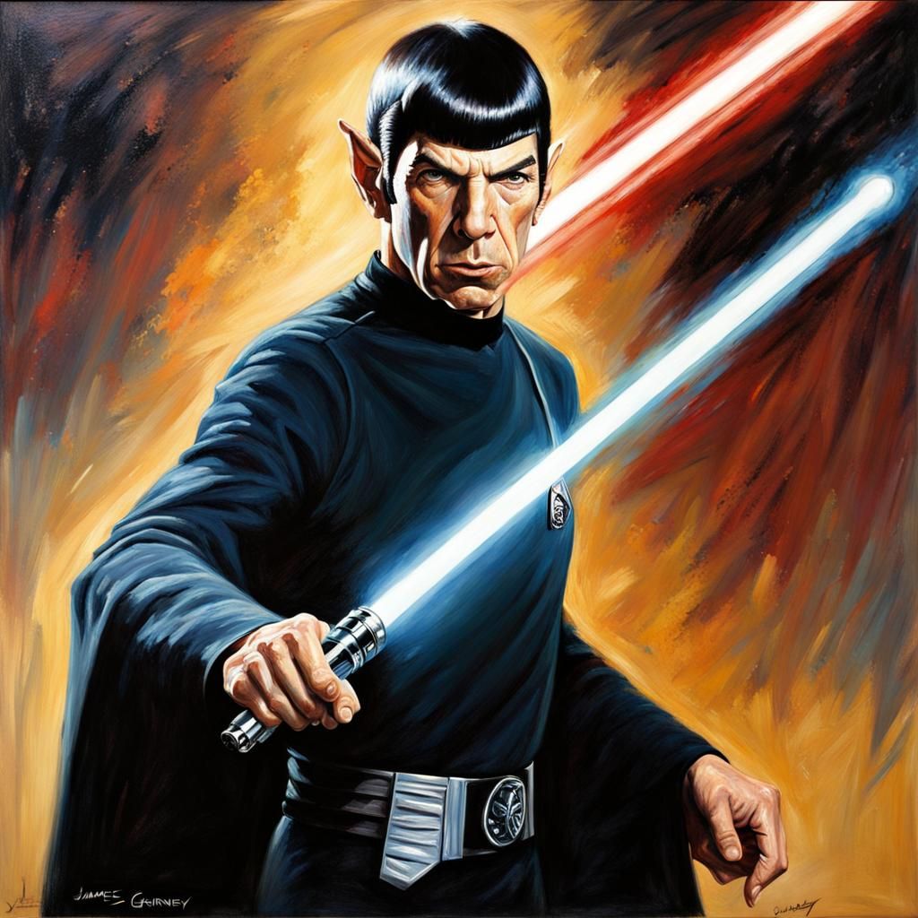 Spock with Lightsaber as Oil Painting