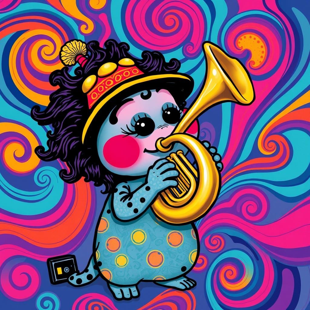 Whimsical Character Playing Horn in Pop Art Style