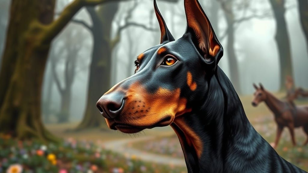 Silver Doberman in Whimsical Forest of Narnia