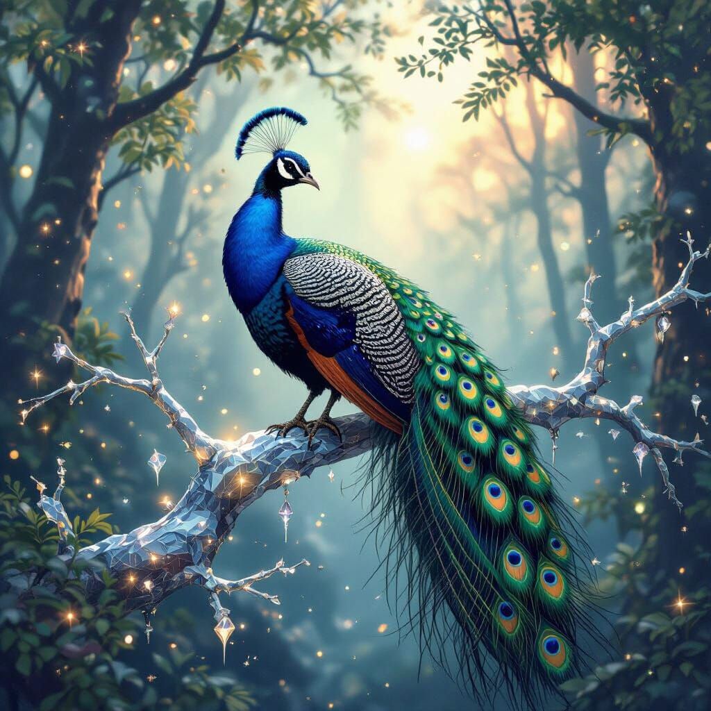 Cosmic Peacock in Ethereal Starlit Forest