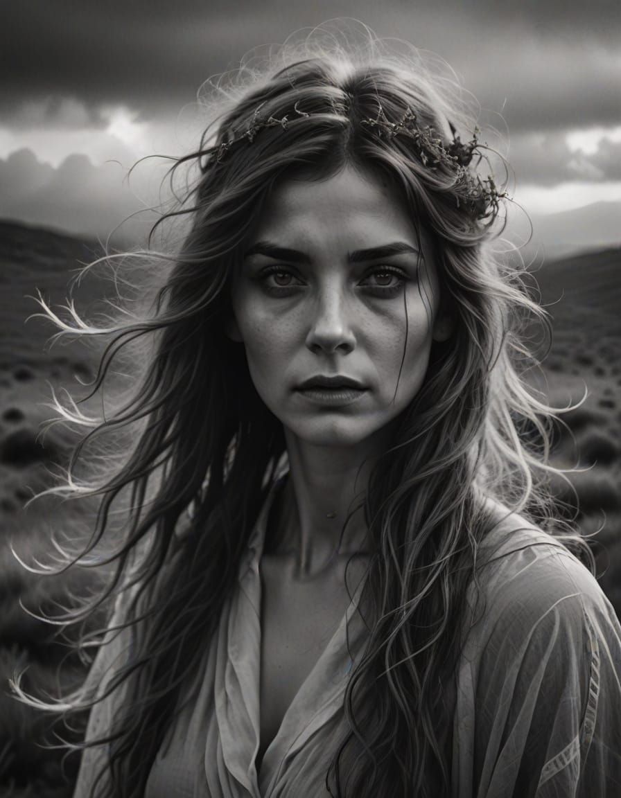 Ethereal Ghost Woman in Windswept Grayscale Portrait