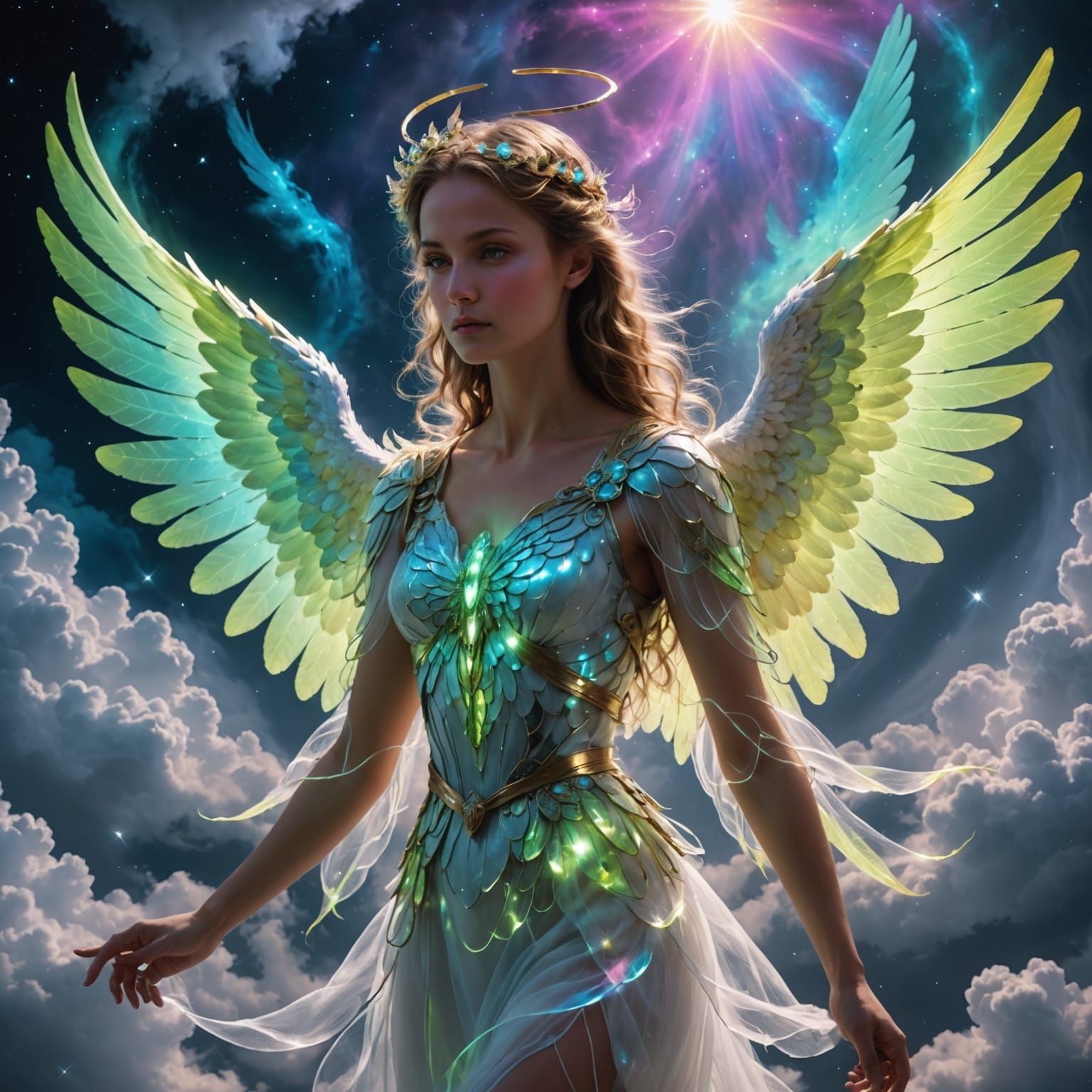Ethereal Angel with Fluorescent Wings in the Clouds