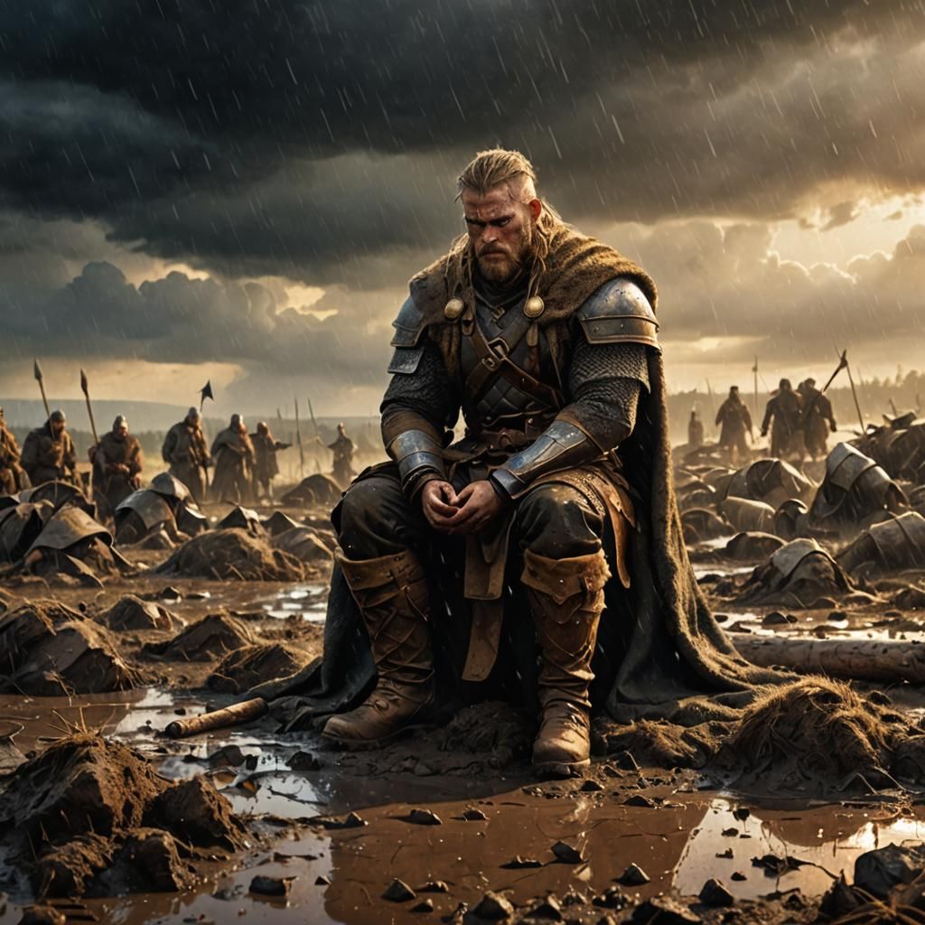 Viking Warrior's Prayer on Battlefield: Cinematic Oil Painti...