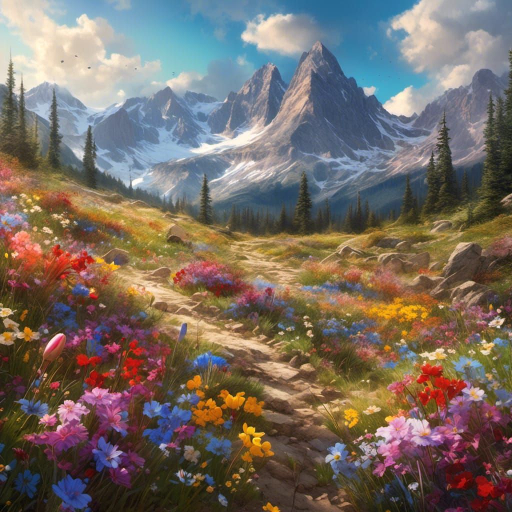 Mountain Meadow in Bloom: Hyperrealistic Spring Landscape
