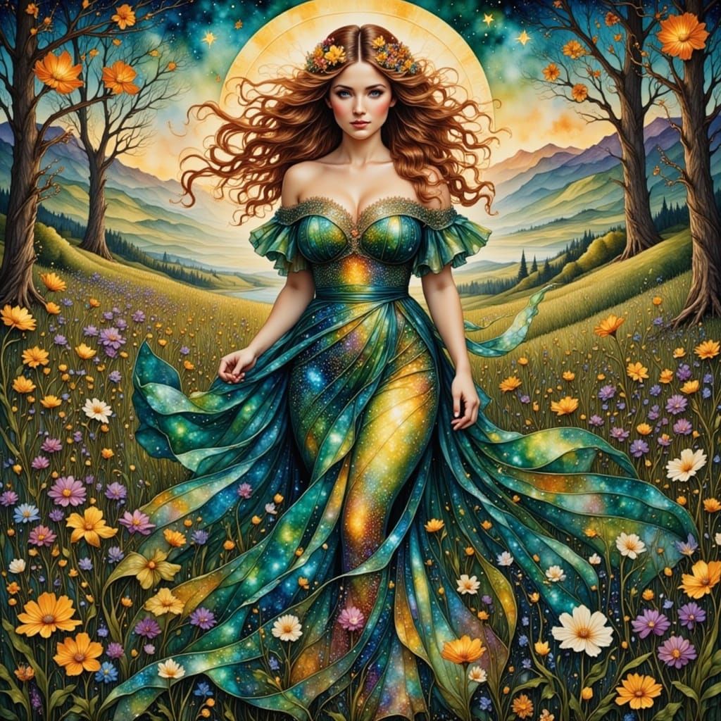 Starlight Gown: A Pre-Raphaelite Beauty in Wildflowers