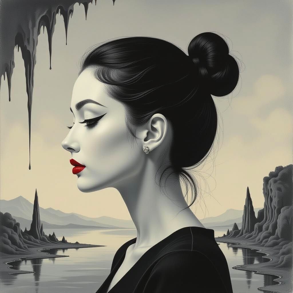 Woman with White Makeup in Surreal Charcoal Drawing