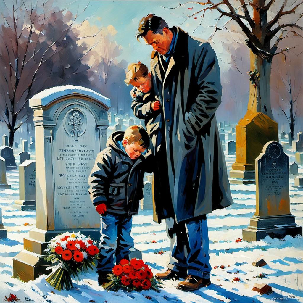 Grieving Father and Son at Grave, Impressionistic Oil Painti...