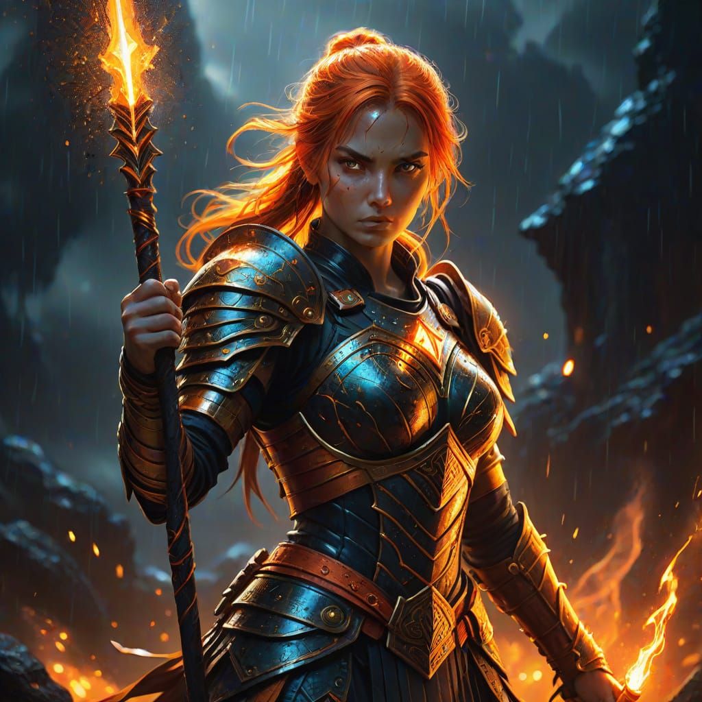Epic Fantasy Warrior with Glowing Staff in Oil Painting