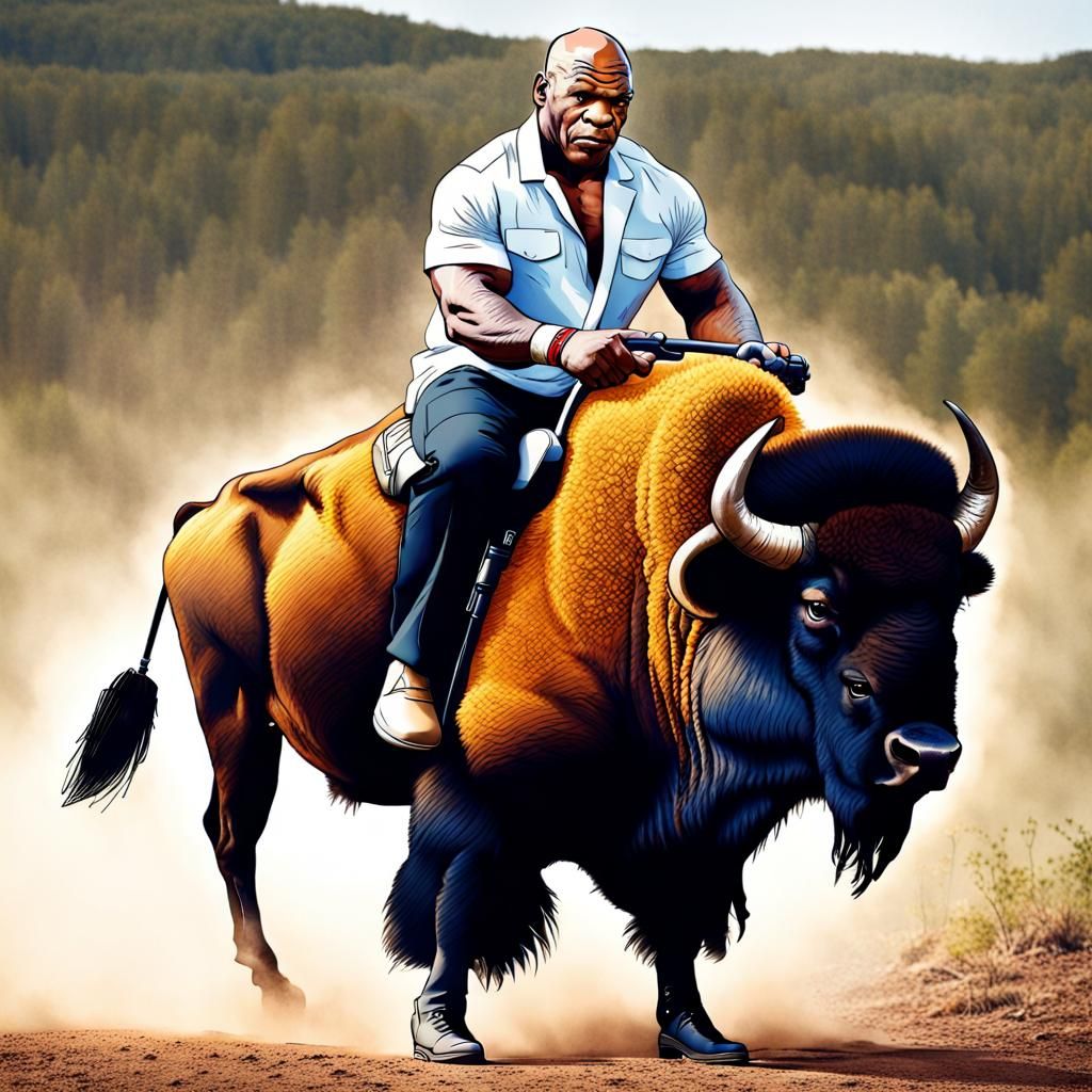 Mike Tyson riding a Bison while holding a Dyson