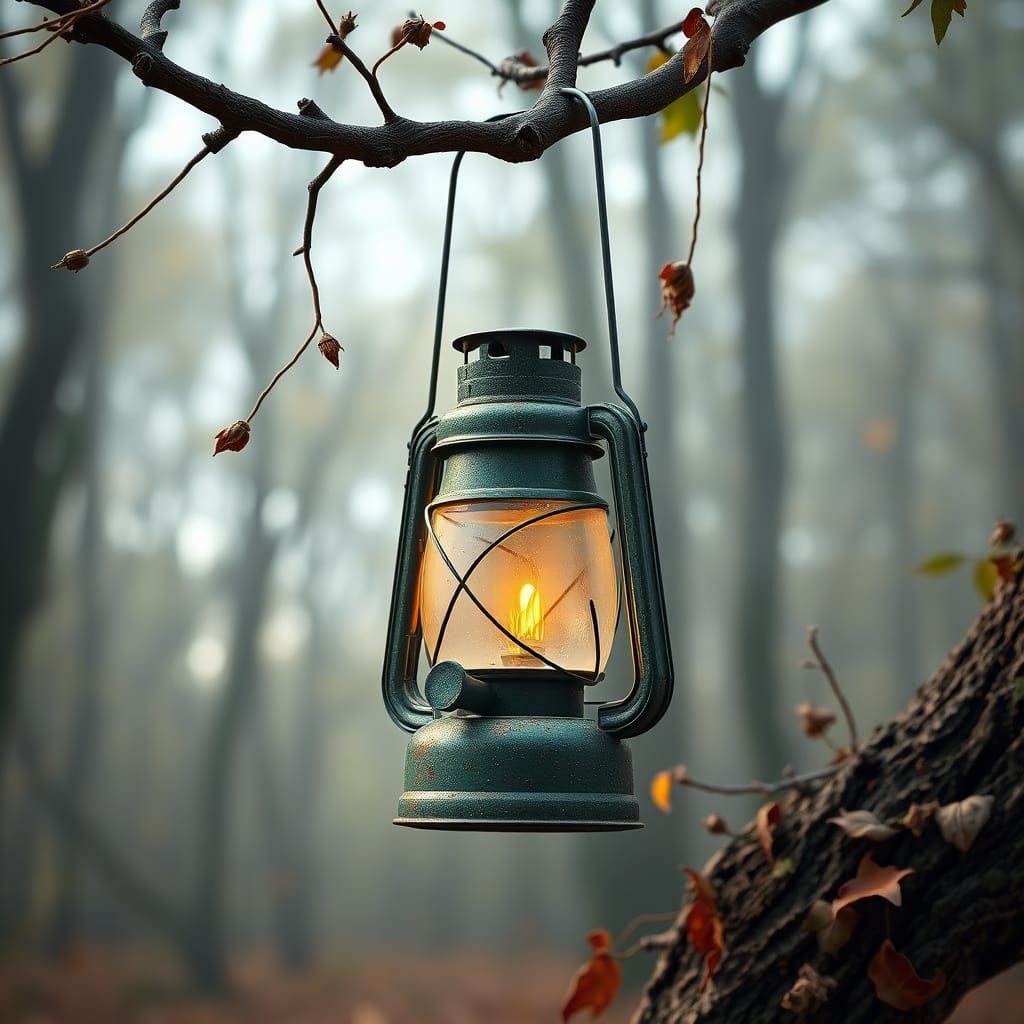 Weathered Green Lantern in Forest, 3D Render