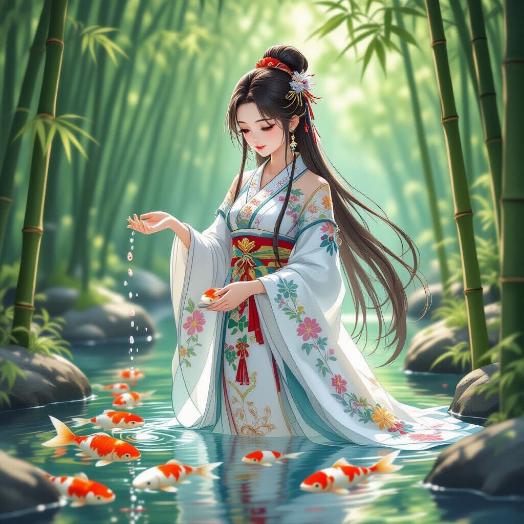 Chinese Girl Feeding Koi Fish in Bamboo Forest