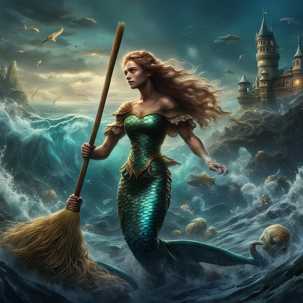 Mermaid Cleans a Dirty Ocean: Fantasy Concept Art