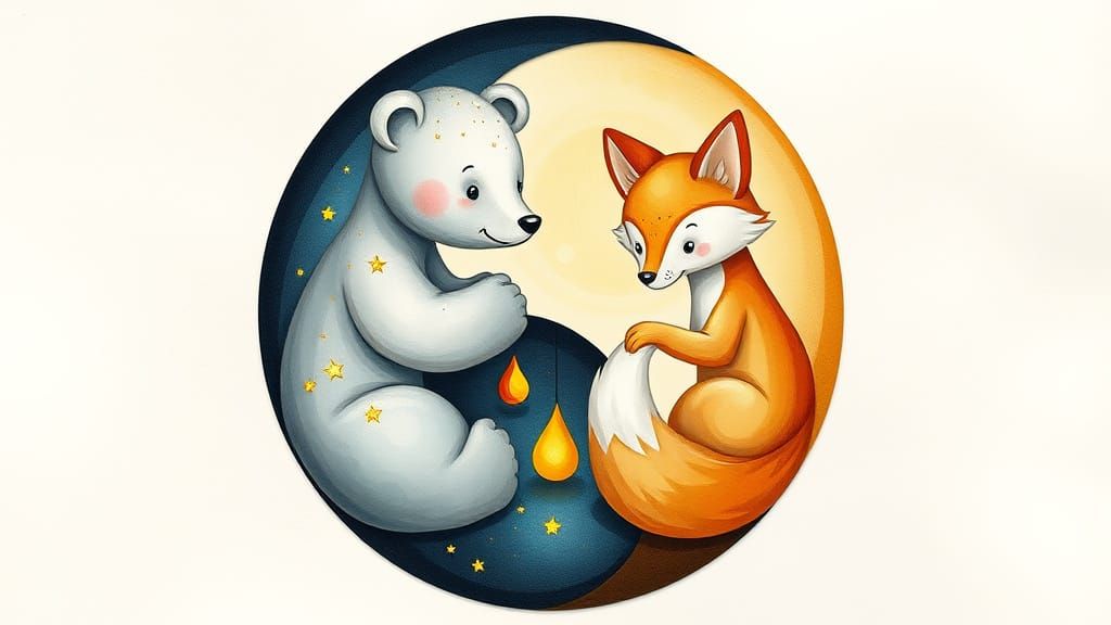 Yin-Yang Symbol: Moon Bear and Sun Fox in Mixed Media