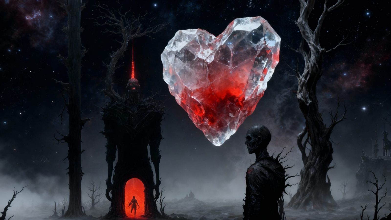 Transparent Red Heart Rock Floating in Space