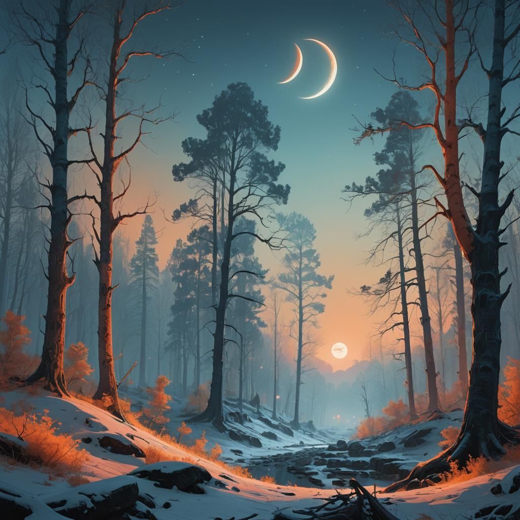 Glowing Moon Over Mystical Forest, Surreal Matte Painting