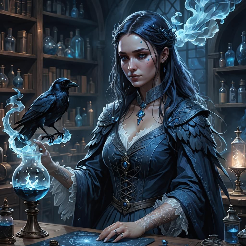 Magical Alchemist Girl with Translucent Raven Portrait
