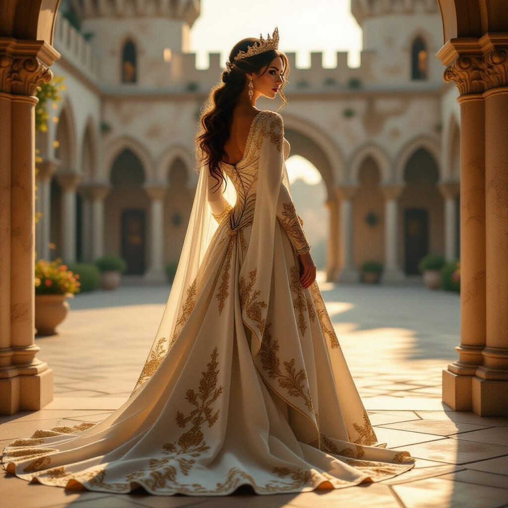 Regal Medieval Queen in Sunlit Courtyard