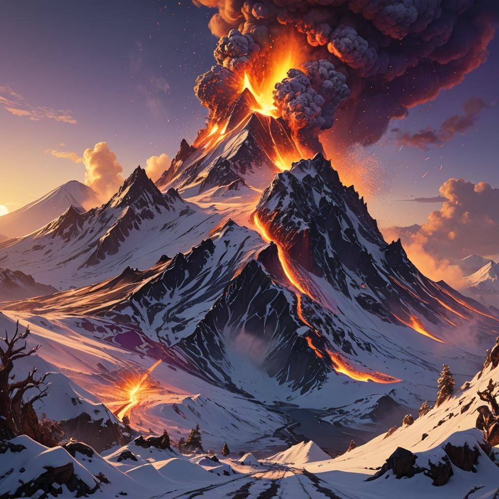 Volcano Erupting Snow at Sunrise: Dark Fantasy Art