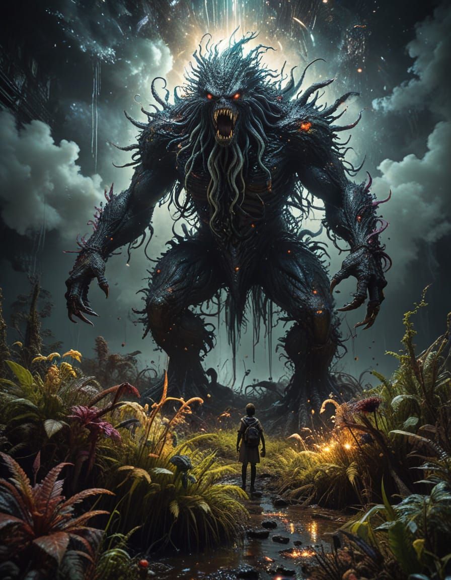 Hybrid Monster with Iridescent Feathers and Tentacles