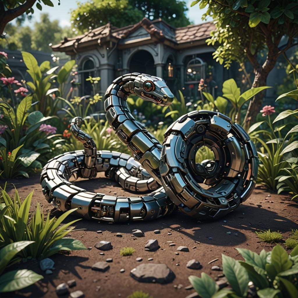 Robotic Snake in Garden, Sci-Fi Render