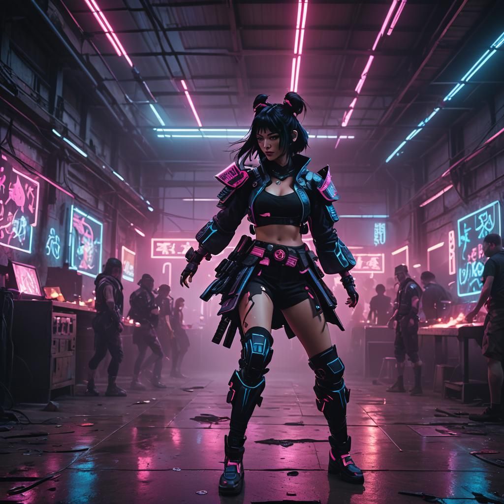 Cyberpunk Samurai Girl Dancing in Neon Lit Warehouse