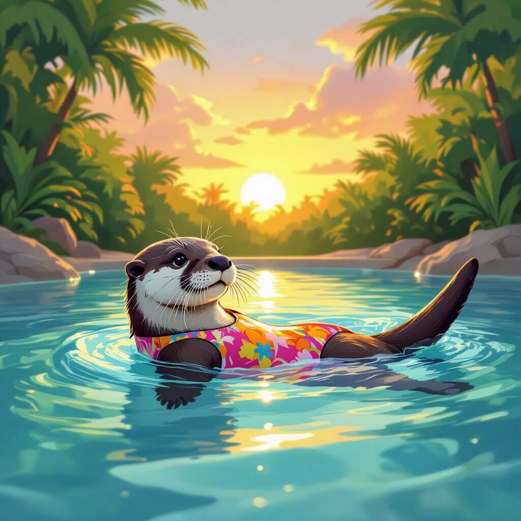 Playful Otter Swims in Sunset Pool: Digital Art