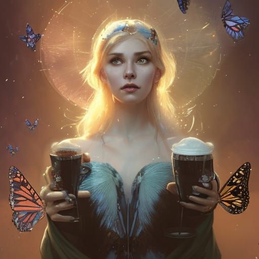 Ice Witch Portrait with Butterflies in Art Nouveau Style