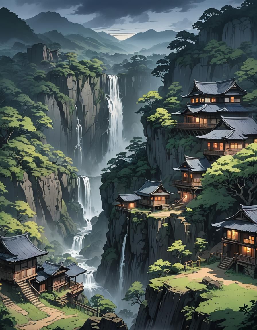 Ancient Village Road With Distant Waterfall in Anime Style