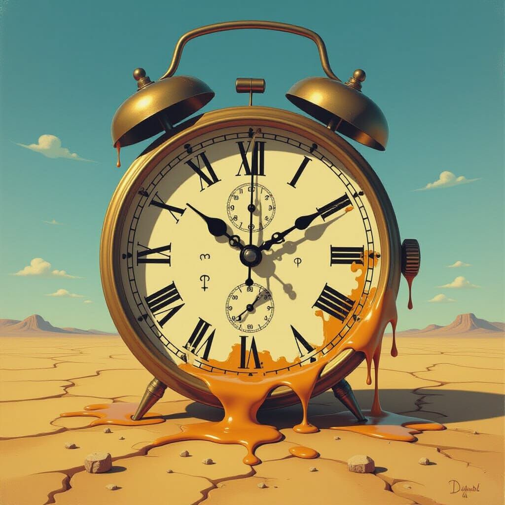 Surreal Melting Clock in Barren Desert Landscape