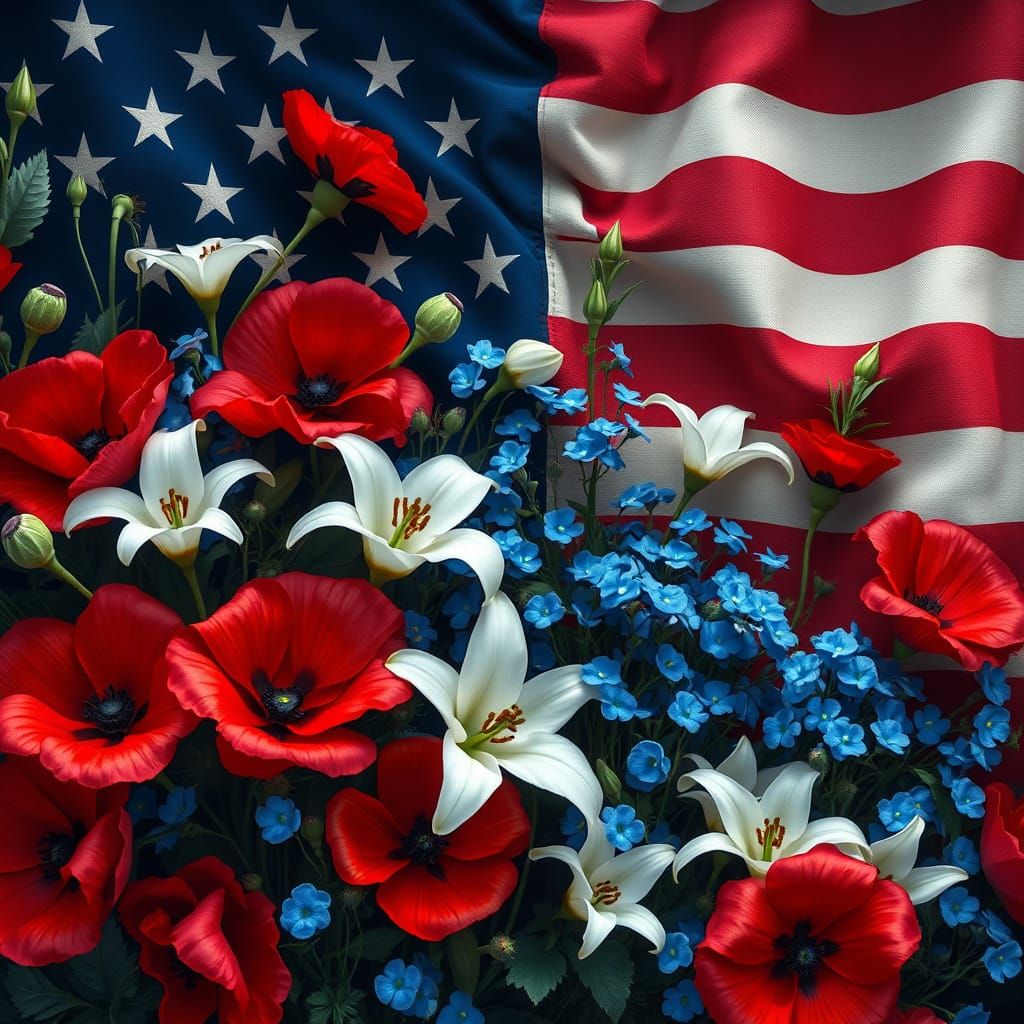 A beautiful floral representation of the American flag made with red, white, blue flowers