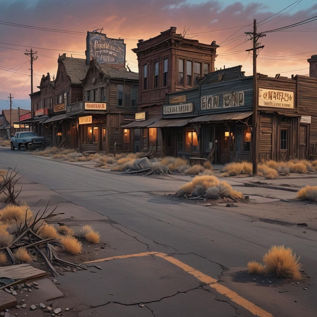Hauntingly Beautiful Ghost Town Sunset in Atmospheric Style