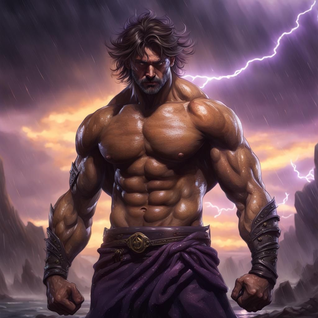 Shirtless Man Flexing in Storm, Dark Fantasy Art