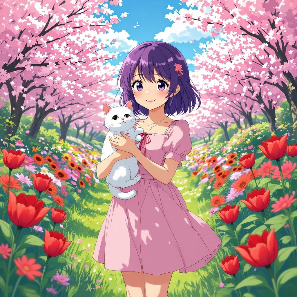 Anime Girl with Cat in Blossom Garden