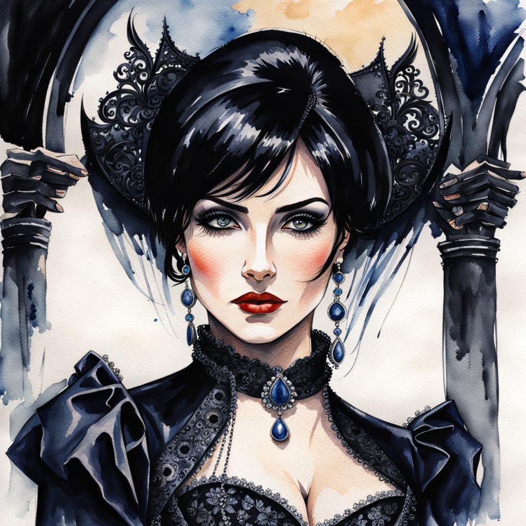 Beautiful Gothic Mistress Portrait in Watercolor Style