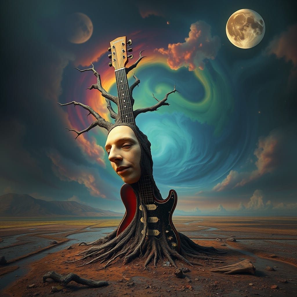 Surreal Guitar Tree with Melting Face in Dali-Inspired Digit...