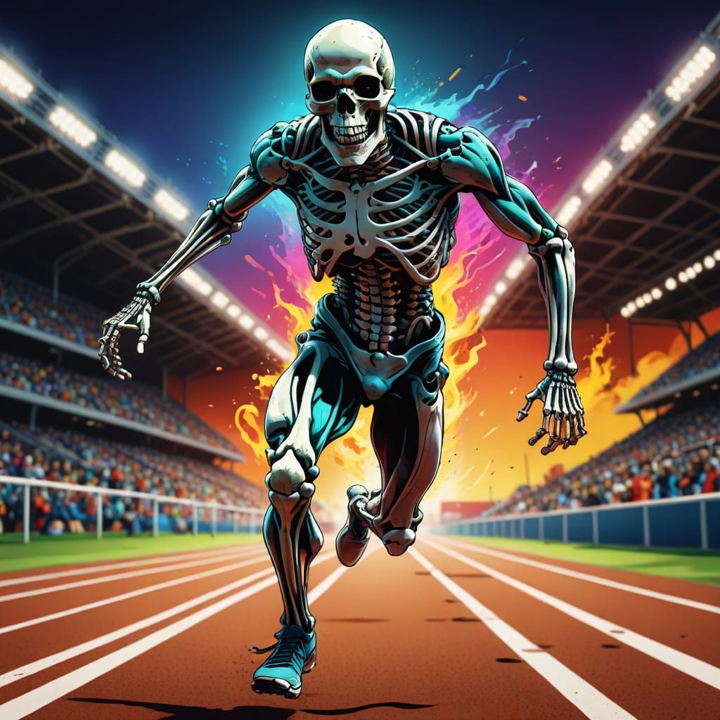 Skeleton Sprinter in a Vibrant Comic Book Style