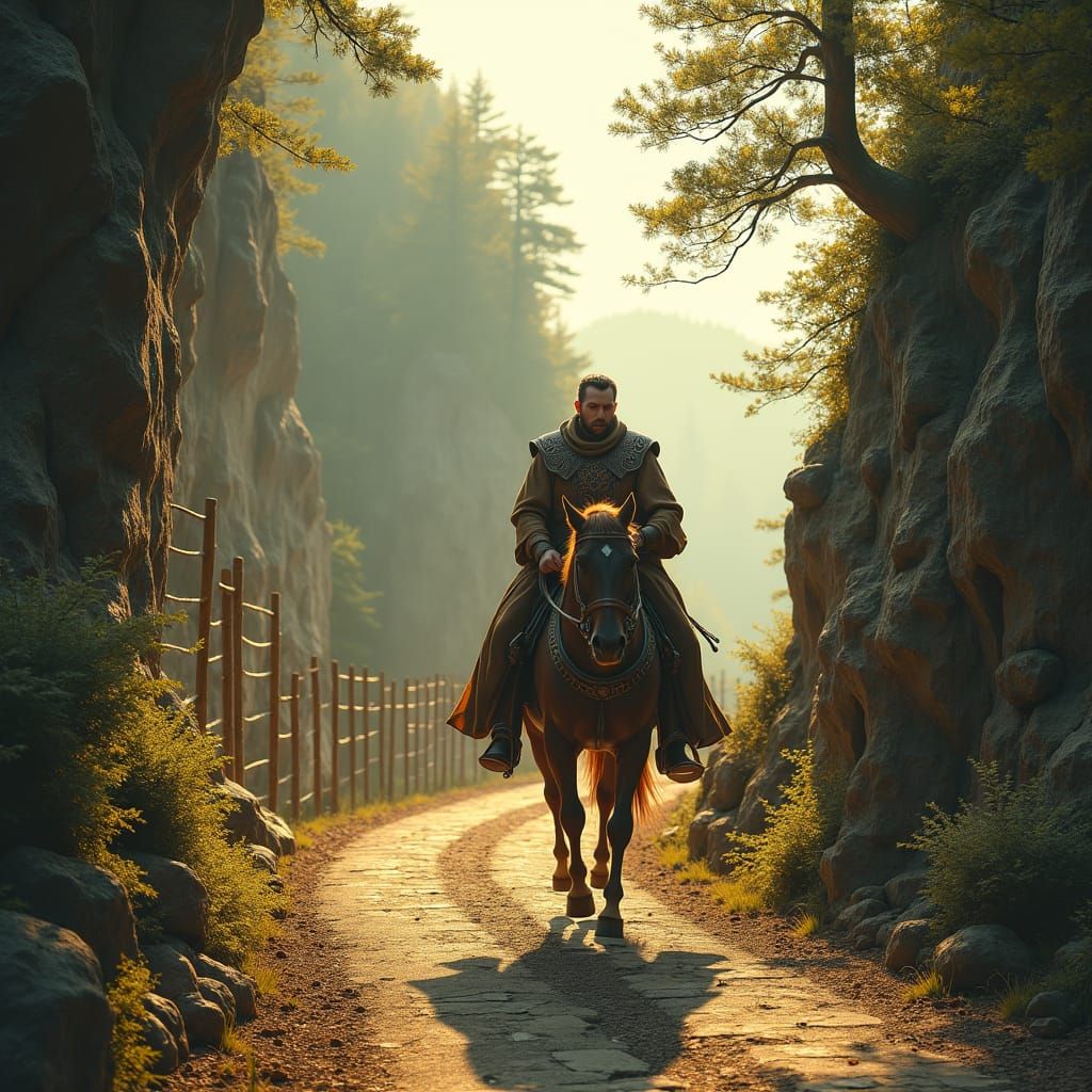 Horseman on Mountain Road in Classic Illustration Style