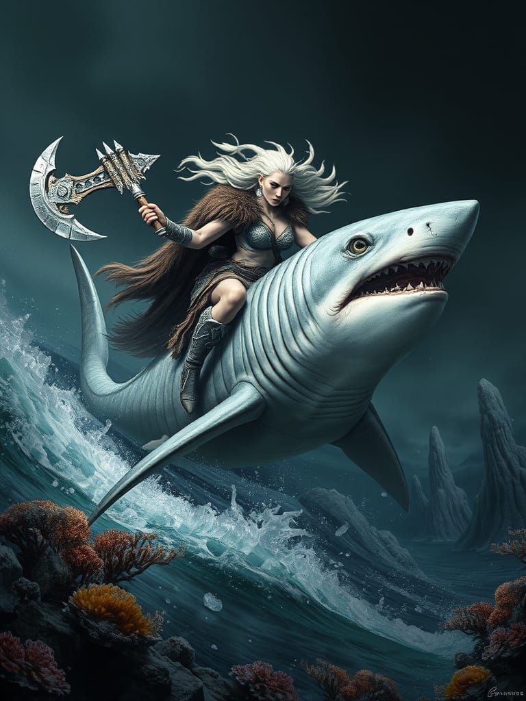Ethereal Warrior Queen Rides Majestic White Shark Through Ic...