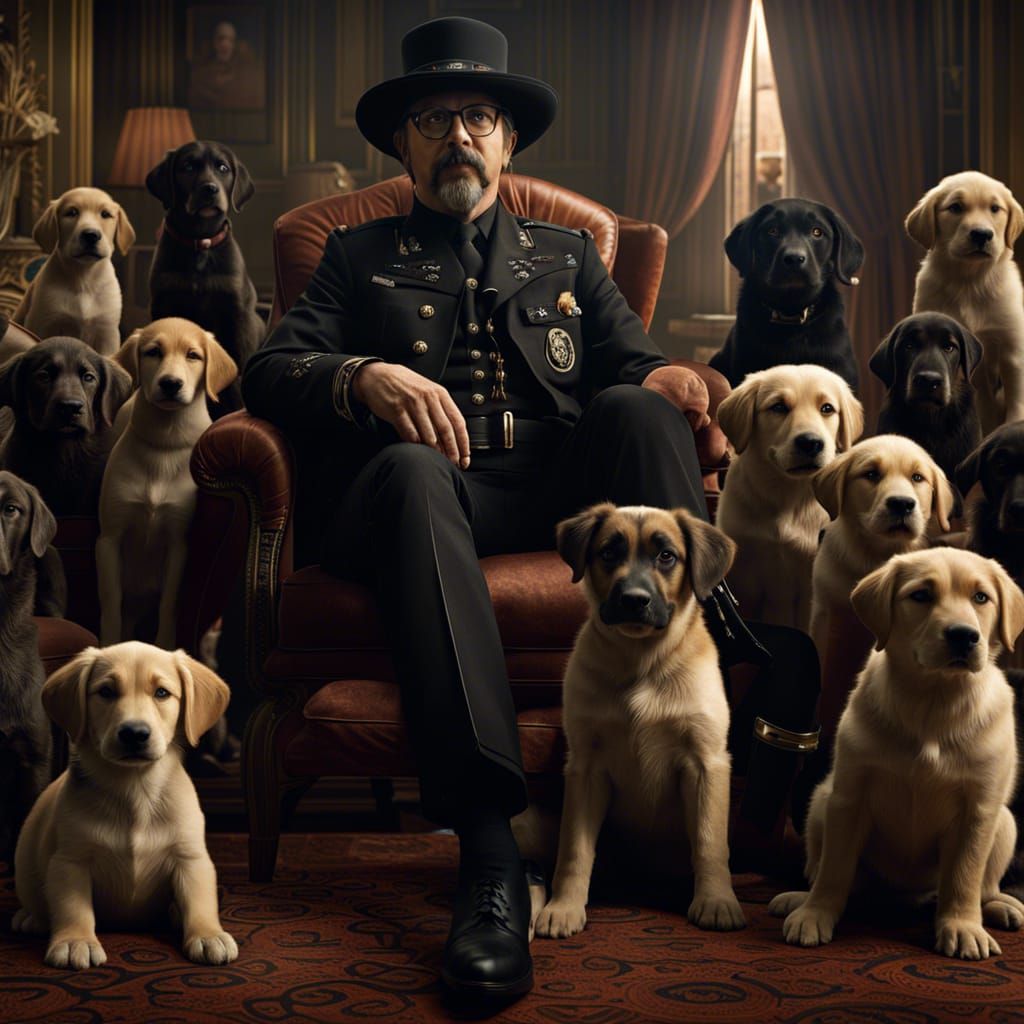 Hyperrealistic Les Claypool Surrounded by Puppies